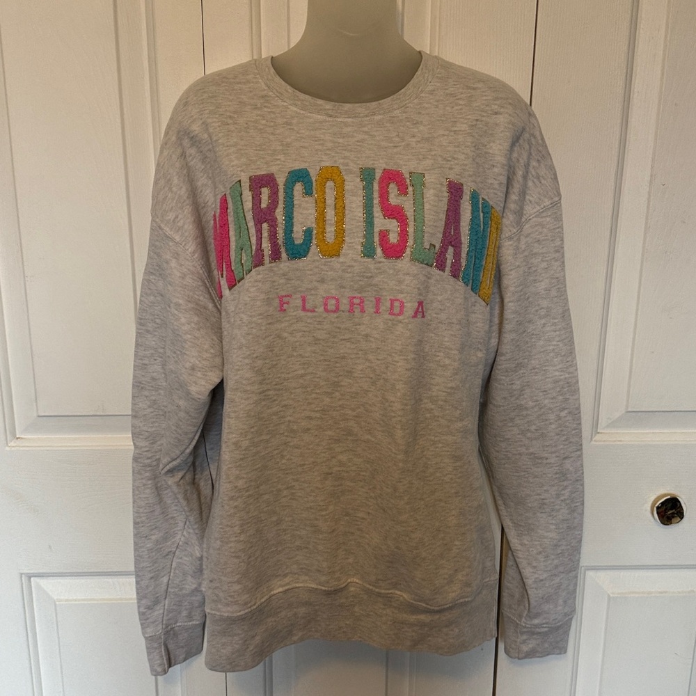 Pacific Co Marco Island Florida gray crewneck fuzzy letters sweatshirt GUC B1015